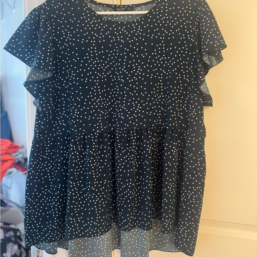 SHEIN Navy Blue Polka Dot Blouse